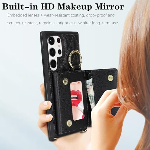 DEYHU for Galaxy S23 Ultra Case with Card Holder and Strap for Women,Crossbody Lanyard, Make Up Mirror,Ring Stand,Snap Clasp,Cute Phone Wallet Cases 6.8 inch - Black - Image 5