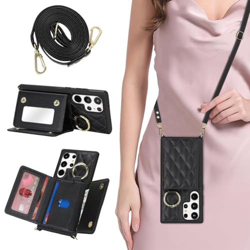 DEYHU for Galaxy S23 Ultra Case with Card Holder and Strap for Women,Crossbody Lanyard, Make Up Mirror,Ring Stand,Snap Clasp,Cute Phone Wallet Cases 6.8 inch - Black - Image 1