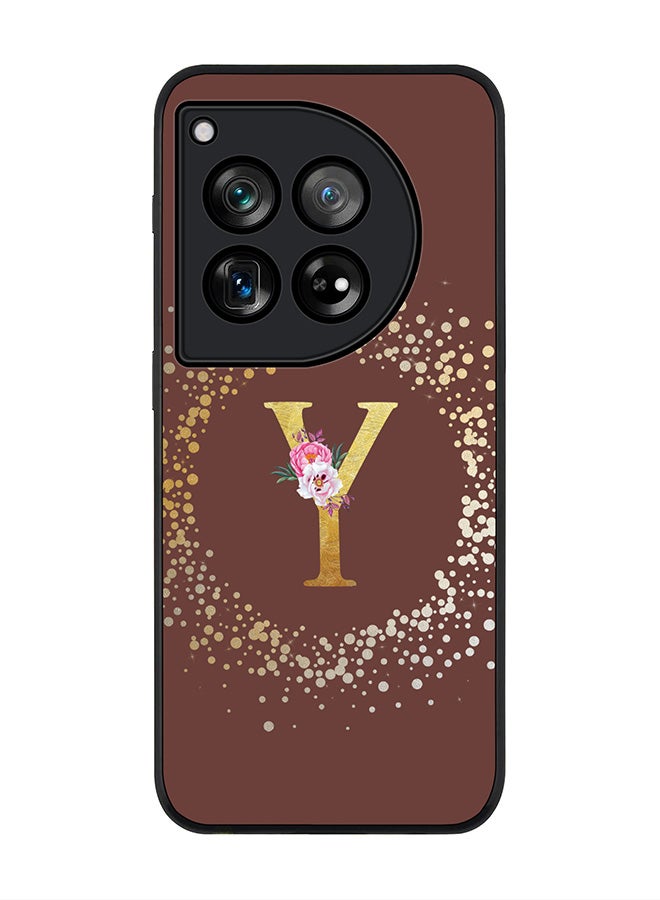 Stylizedd Rugged Black edge case for OnePlus 12R / OnePlus Ace 3 5G, Slim fit Soft Cover - Custom Monogram Initial Letter Floral Pattern Alphabet - Y (Brown) - Image 1