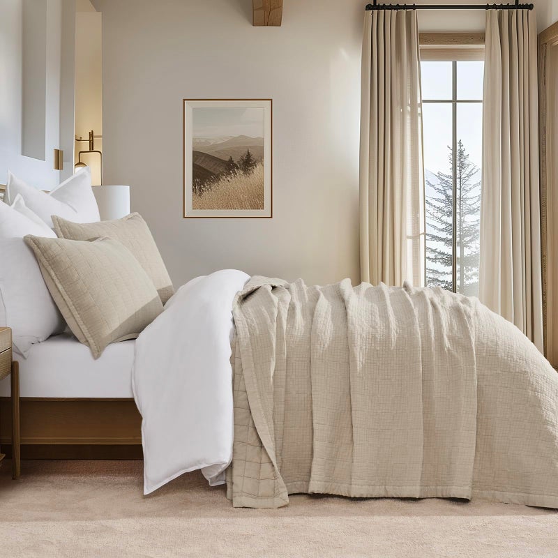 EVERGRACEHOME Stonewashed Cotton Quilt Set King Size Ultra Soft Oversized Bedspread Coverlet Set Lightweight Crinkle Box Stitch Bedding Sets for All Season with 2 Shams Flax Beige