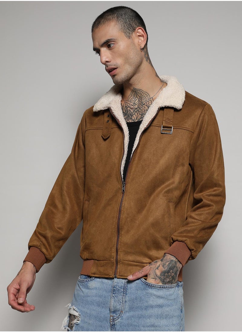 Campus Sutra - Men's Brown Zip-Front Jacket With Fleece Detail - Image 1