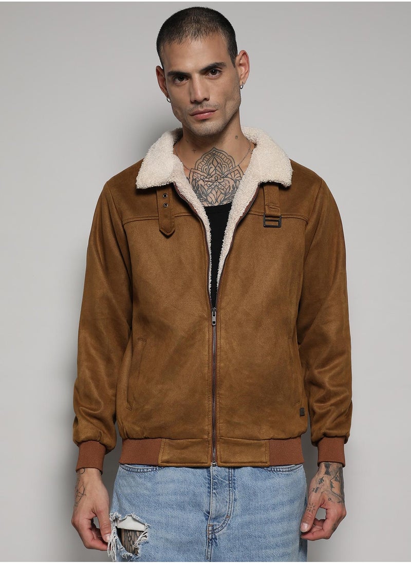 Campus Sutra - Men's Brown Zip-Front Jacket With Fleece Detail - Image 1