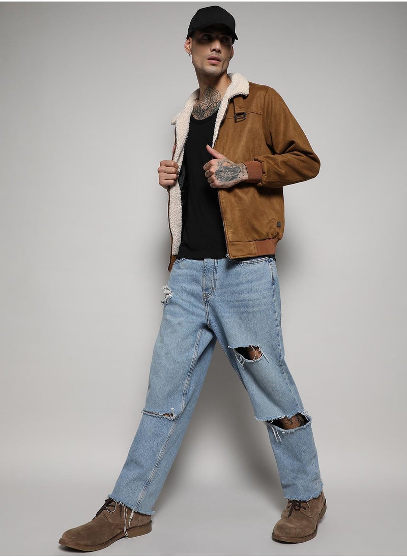 Campus Sutra - Men's Brown Zip-Front Jacket With Fleece Detail - Image 1