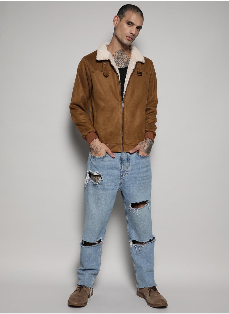 Campus Sutra - Men's Brown Zip-Front Jacket With Fleece Detail - Image 1