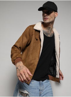 Men's Brown Zip-Front Jacket With Fleece Detail
