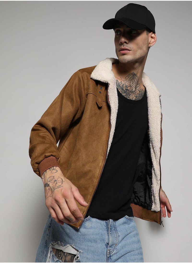 Campus Sutra - Men's Brown Zip-Front Jacket With Fleece Detail - Image 1