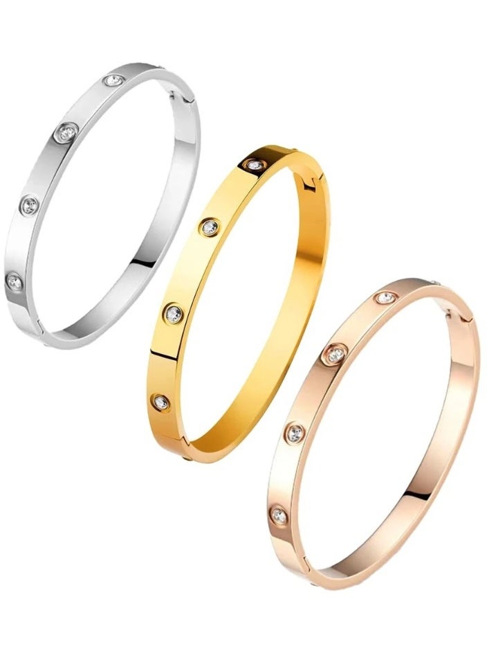 اتش اس مجموعة من 3 أساور نسائية فضية وذهبية وذهبية وردية