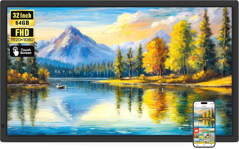 BIGASUO Frameo 32" Extra Large Digital Picture Frame WiFi 64GB, 1920 x 1080 FHD IPS Touch Screen Electronic Photo Frames, Wall Mounted, Auto-Rotate, Support USB and SD Card, Share Photos Videos Instantly - Image 1