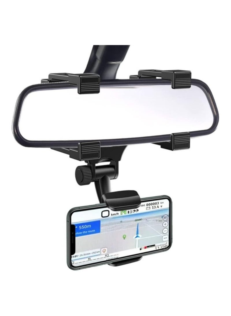 Rear View Mirror Car Mount Phone Holder Stand with 270° Swivel and Adjustable Clips (Black) - Image 1