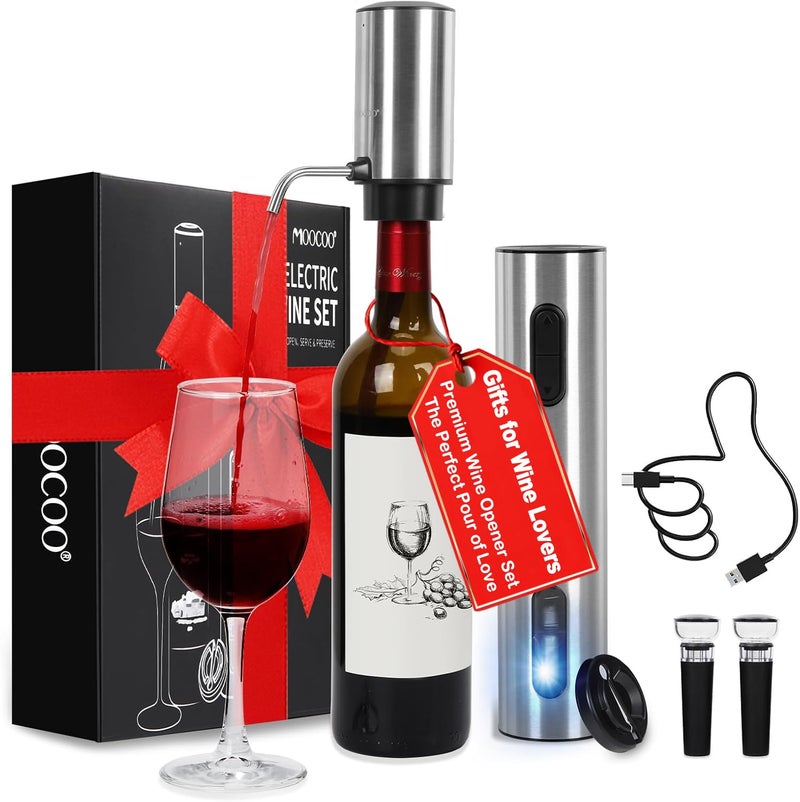 Moocoo Electric Wine Opener Gift Set, Automatic Electric Wine Bottle Corkscrew Opener Rechargeable with Foil Cutter, Automatic Aerator, 2 Vacuum Stoppers for Home Bar Outdoor Parties, Stainless Steel - Image 1