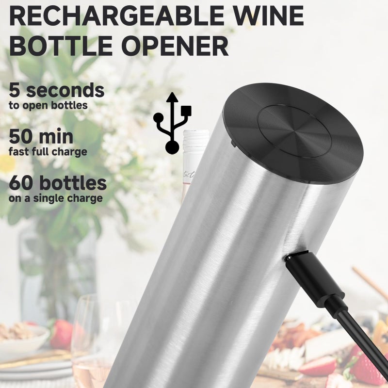 Moocoo Electric Wine Opener Gift Set, Automatic Electric Wine Bottle Corkscrew Opener Rechargeable with Foil Cutter, Automatic Aerator, 2 Vacuum Stoppers for Home Bar Outdoor Parties, Stainless Steel - Image 3