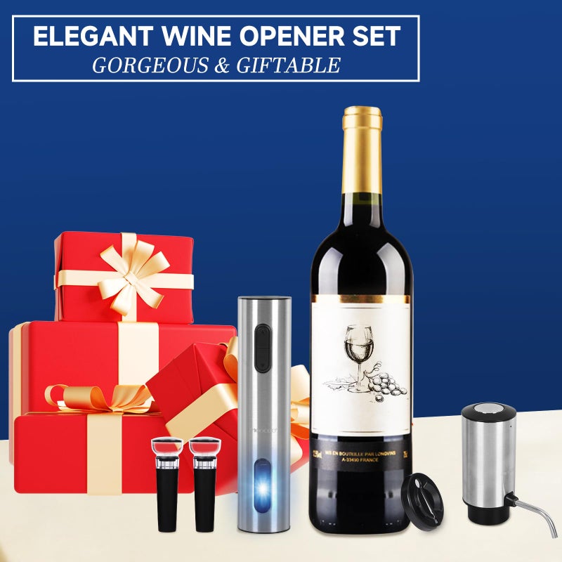 Moocoo Electric Wine Opener Gift Set, Automatic Electric Wine Bottle Corkscrew Opener Rechargeable with Foil Cutter, Automatic Aerator, 2 Vacuum Stoppers for Home Bar Outdoor Parties, Stainless Steel - Image 2