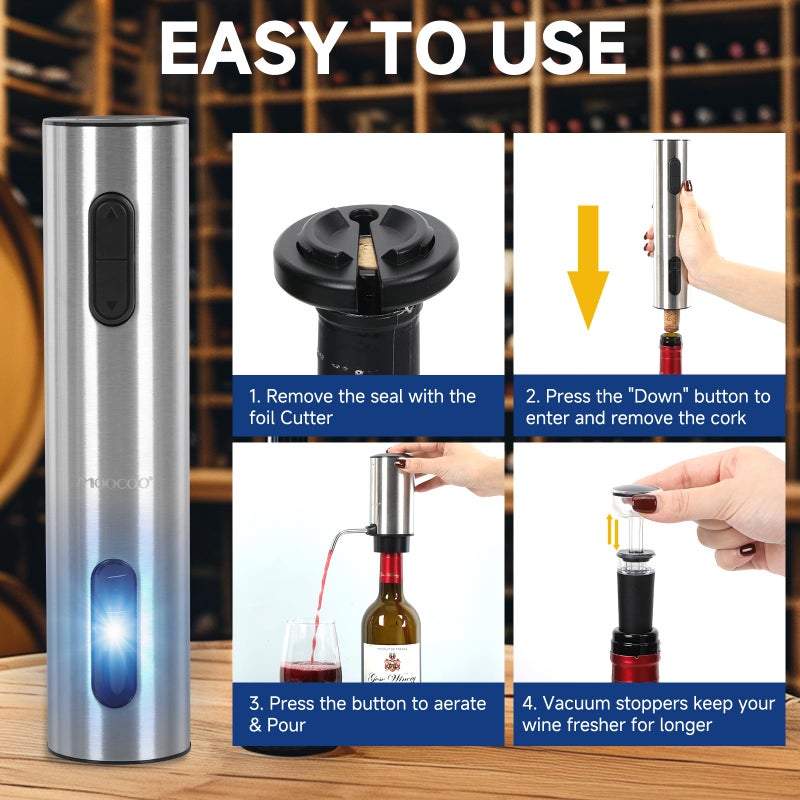 Moocoo Electric Wine Opener Gift Set, Automatic Electric Wine Bottle Corkscrew Opener Rechargeable with Foil Cutter, Automatic Aerator, 2 Vacuum Stoppers for Home Bar Outdoor Parties, Stainless Steel - Image 5