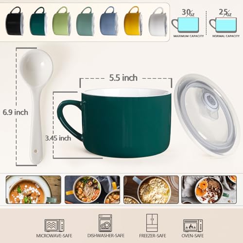 Wareland Soup Bowls with Handles & Spoons, 30oz Ceramic Ramen Bowl with Lid, Large Soup Mugs/Cups for Instant Noodle, Big Cereal Bowls for Oatmeal, Soup Containers with Lids, Set of 2, Dark Green - Image 2