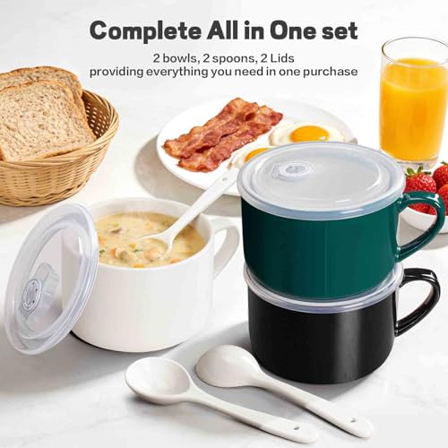 Wareland Soup Bowls with Handles & Spoons, 30oz Ceramic Ramen Bowl with Lid, Large Soup Mugs/Cups for Instant Noodle, Big Cereal Bowls for Oatmeal, Soup Containers with Lids, Set of 2, Dark Green - Image 3