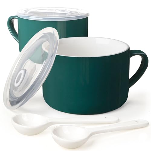 Wareland Soup Bowls with Handles & Spoons, 30oz Ceramic Ramen Bowl with Lid, Large Soup Mugs/Cups for Instant Noodle, Big Cereal Bowls for Oatmeal, Soup Containers with Lids, Set of 2, Dark Green - Image 1