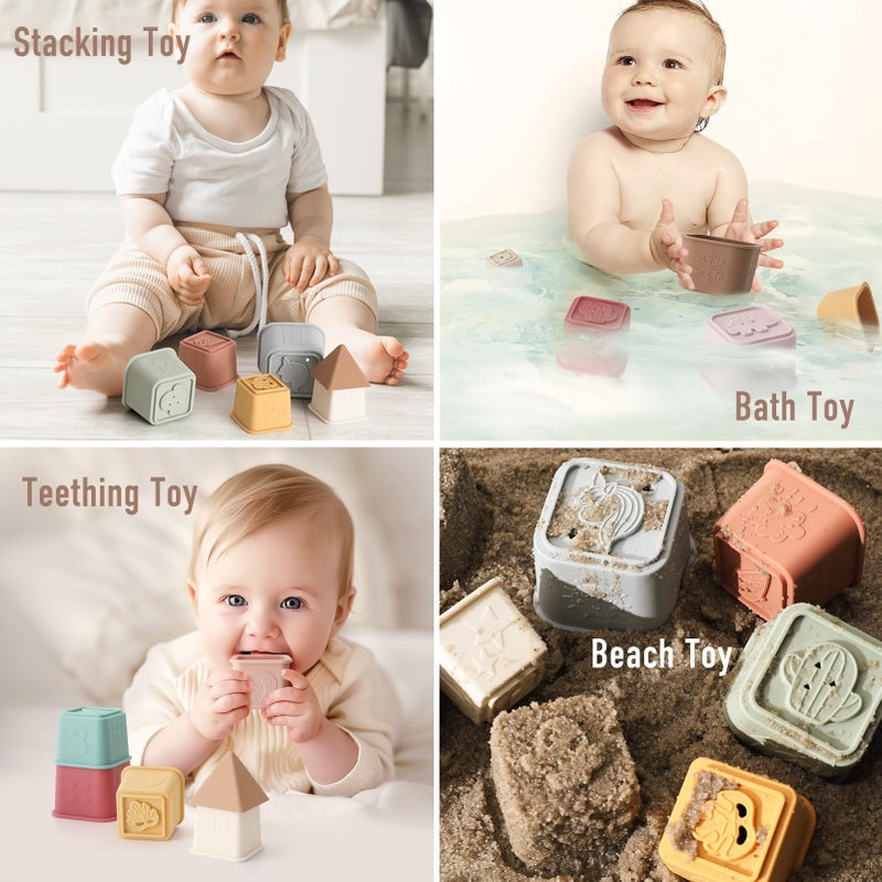 YIVEKO Baby التراص الكؤوس لعبة سيليكون التراص برج سيليكون لينة لعبة التسنين ألعاب تعليمية للأطفال بناء كتل اللعب 6 أشهر + 8 قطع مجموعة - خمر - Image 5