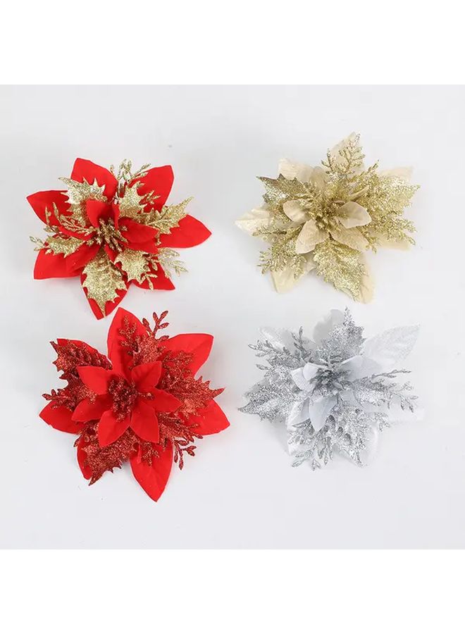 Double Layered Red Poinsettia Christmas Bouquet With Golden Glitter 30pcs Holiday Decor - Image 4