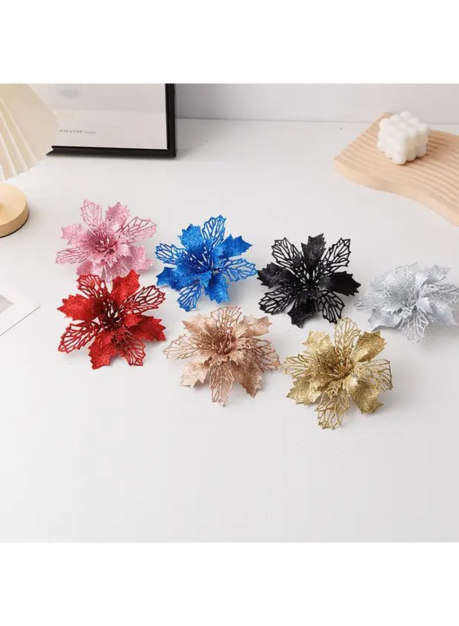 Double Layered Red Poinsettia Christmas Bouquet With Golden Glitter 30pcs Holiday Decor - Image 2