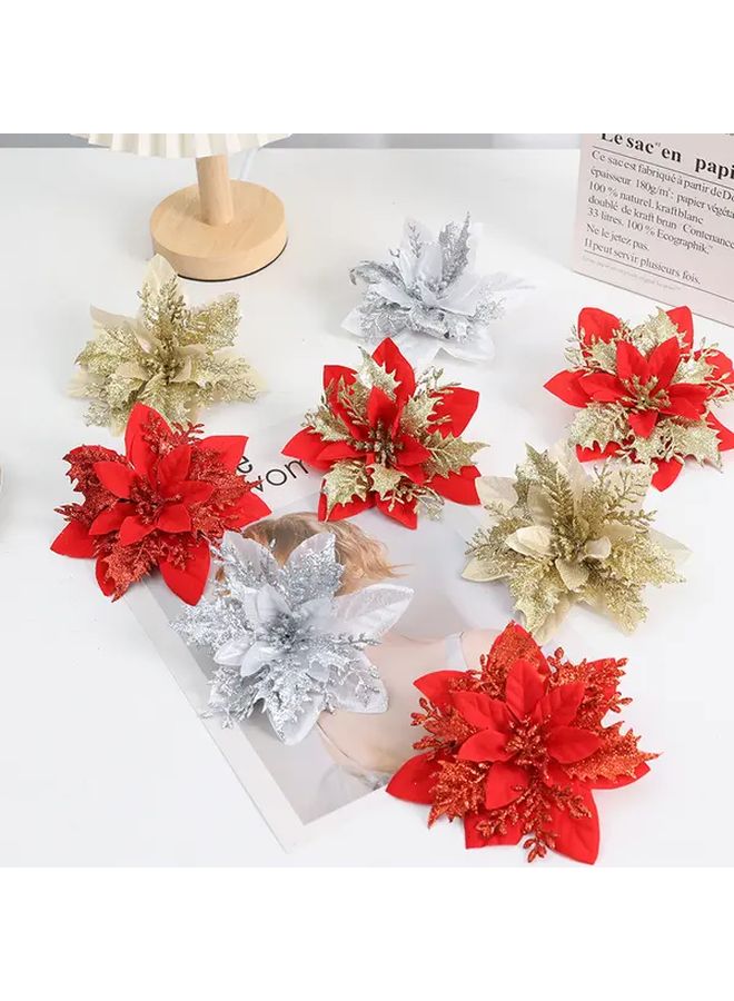 Double Layered Red Poinsettia Christmas Bouquet With Golden Glitter 30pcs Holiday Decor - Image 3