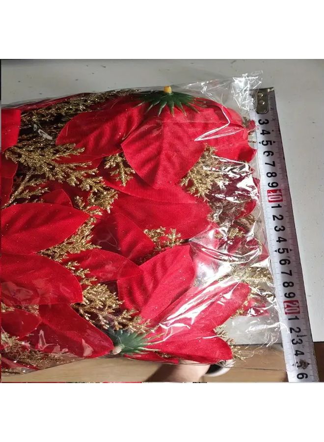 Double Layered Red Poinsettia Christmas Bouquet With Golden Glitter 30pcs Holiday Decor - Image 1