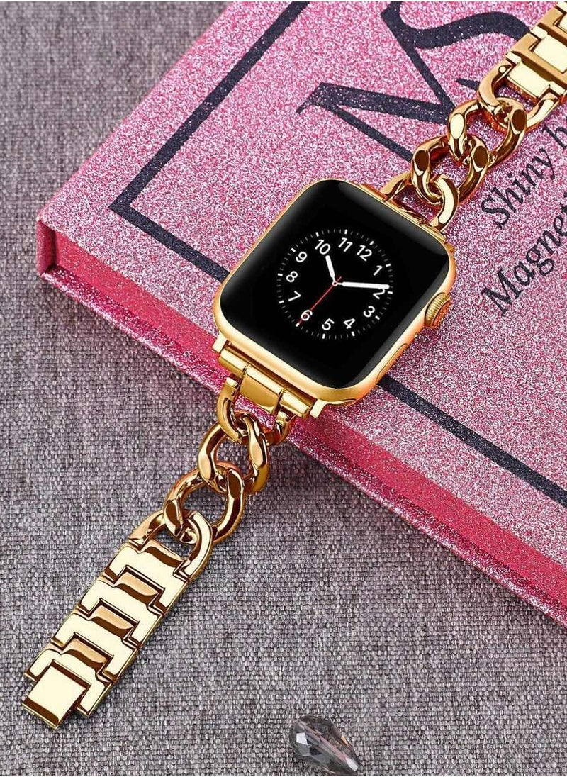 Generic - Gold Watch Bands  Compatible with Apple Watch Band 42mm 44mm 45mm 49mm Adjustable Metal Band Cowboy Steel Single Chain Bracelet for iWatch Series 9/8/7/6/5/4/3/2/1/SE/Ultra (No Case) - Image 1