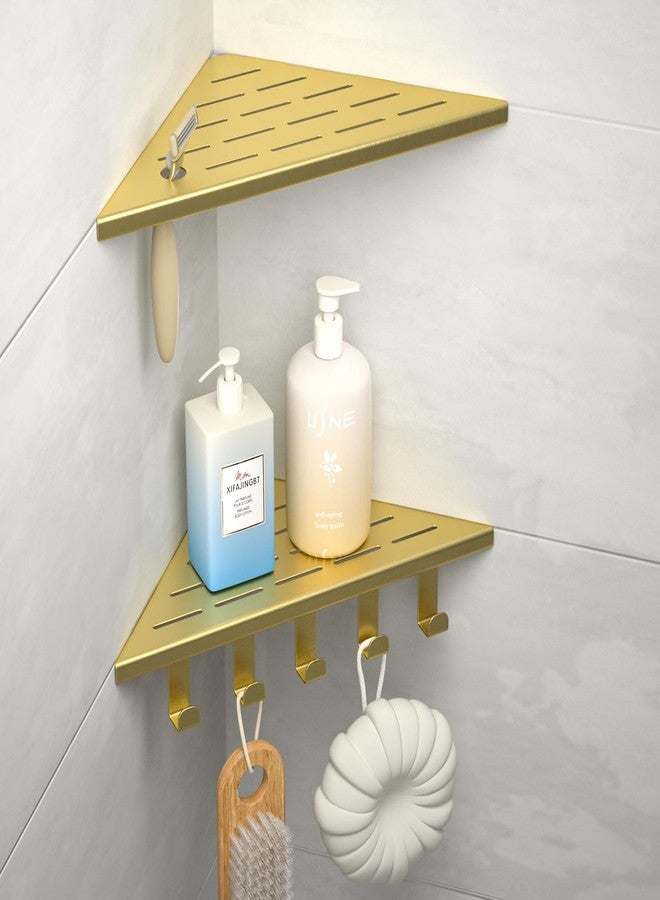 Bernkot 10‘’ Corner Shower Shelf, 304 Stainless Steel Shelves for Bathroom, Grout in Shelf with Hooks for Tiled Wall (Gold) - Image 1