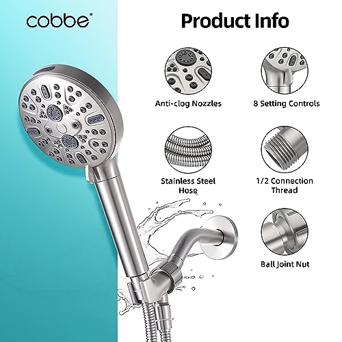 Cobbe Handheld Shower Head with Filter, High Pressure 9 Spray Mode Showerhead Built-in Power Wash with Hose, Bracket and Water Softener for Hard Water Remove Chlorine, Brushed Nickel - Image 5