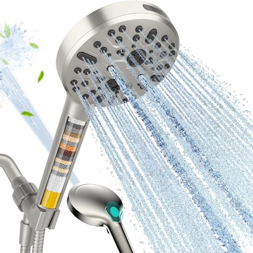 Cobbe Handheld Shower Head with Filter, High Pressure 9 Spray Mode Showerhead Built-in Power Wash with Hose, Bracket and Water Softener for Hard Water Remove Chlorine, Brushed Nickel - Image 1