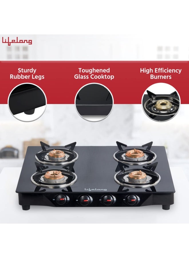 Lifelong Glass Top Gas Stove, 4 Burner Gas Stove, Black (ISI Certified,1 year warranty with Doorstep Service) - Image 4