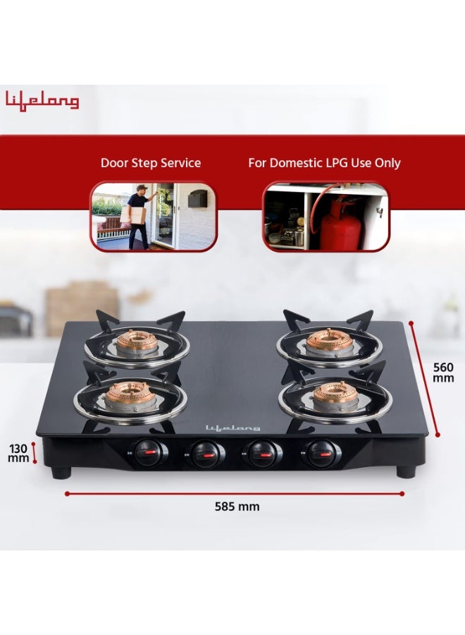 Lifelong Glass Top Gas Stove, 4 Burner Gas Stove, Black (ISI Certified,1 year warranty with Doorstep Service) - Image 2