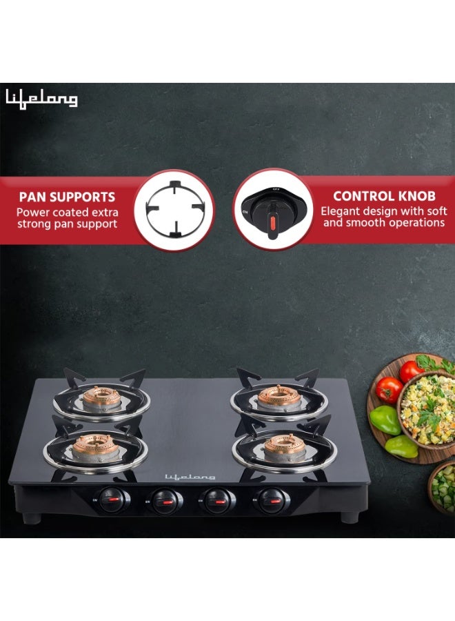 Lifelong Glass Top Gas Stove, 4 Burner Gas Stove, Black (ISI Certified,1 year warranty with Doorstep Service) - Image 3