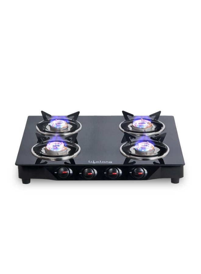 Lifelong Glass Top Gas Stove, 4 Burner Gas Stove, Black (ISI Certified,1 year warranty with Doorstep Service) - Image 1