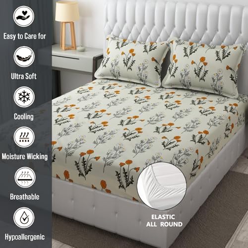 FRESH FROM LOOM King Size Soft Glace Cotton Fitted Bedsheet with Two Pillow Cover | Elastic Fitted Bed Sheets | Bed Covers for Mattresses Tuck in | (Size - 72 x 78 Inches | Daisy Vanilla) - Image 4