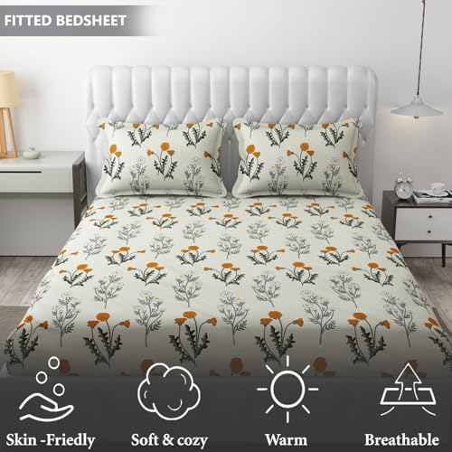 FRESH FROM LOOM King Size Soft Glace Cotton Fitted Bedsheet with Two Pillow Cover | Elastic Fitted Bed Sheets | Bed Covers for Mattresses Tuck in | (Size - 72 x 78 Inches | Daisy Vanilla) - Image 5