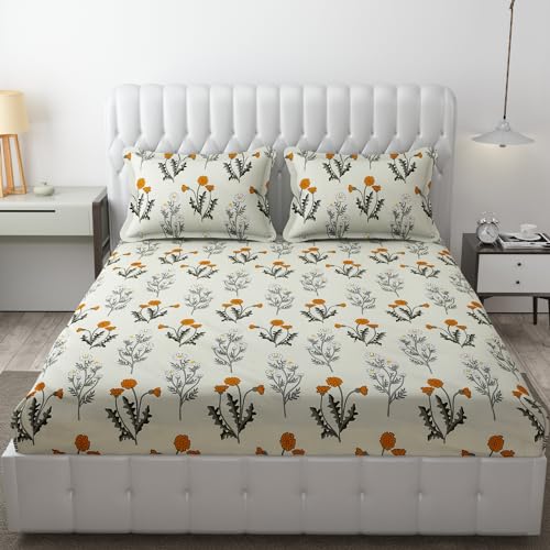 FRESH FROM LOOM King Size Soft Glace Cotton Fitted Bedsheet with Two Pillow Cover | Elastic Fitted Bed Sheets | Bed Covers for Mattresses Tuck in | (Size - 72 x 78 Inches | Daisy Vanilla) - Image 1