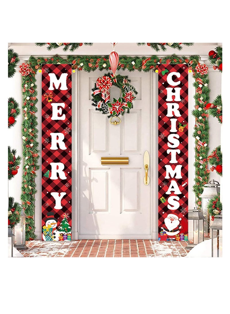 Merry Christmas Banner, Happy New Year Banner, Merry Christmas Porch Sign, Red Black Buffalo Plaid Christmas Decorations Banners, for Indoor Outdoor Winter Christmas Holiday Theme Party Supplies (B)  - Image 1