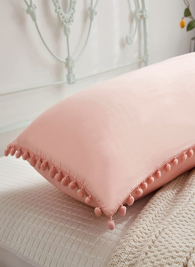 MOVE OVER Pink Body Pillow Cover Cute Pink Pom Pom Body Pillow Cover Soft Washed Microfiber Boho Chic Body Pillow Cover with Pocket Closure Girly Blush Pink Body Pillow Case for Bedroom - Image 1