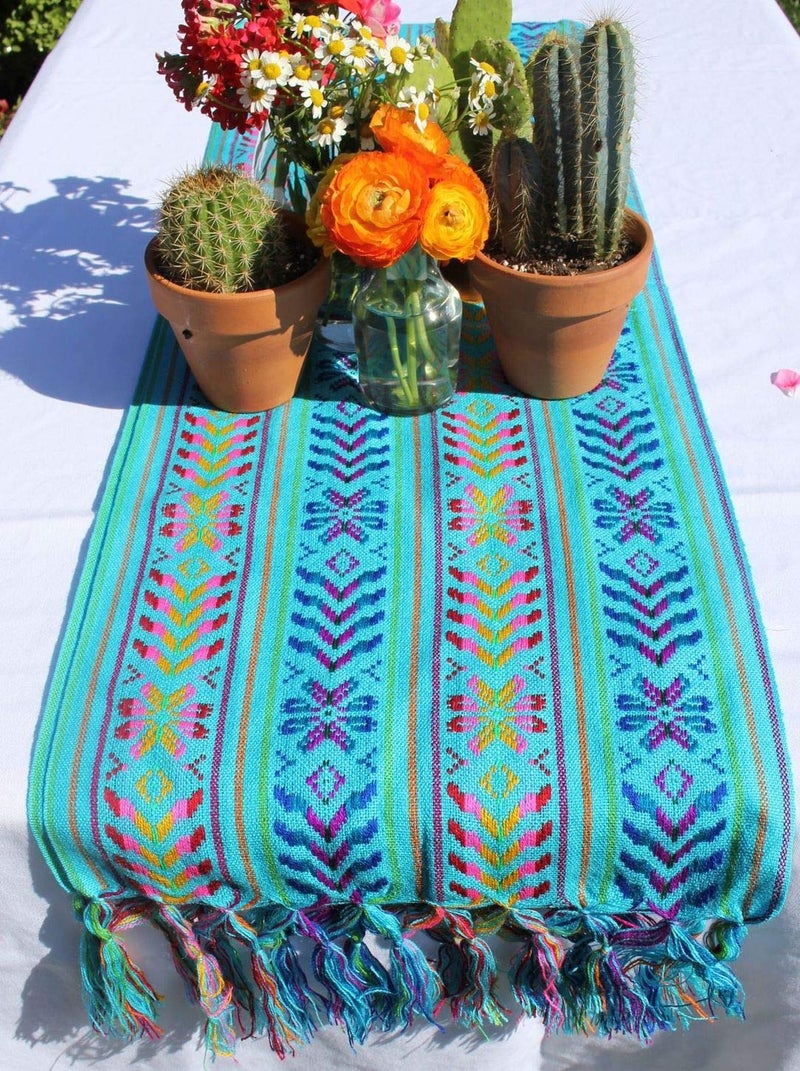 Del Mex Woven Rebozo Style Mexican Table Runner Scarf (Turquoise) - Image 2
