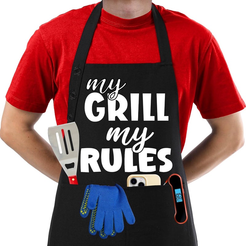 TOSHE Funny Apron Waterdrop Resistant Cotton Apron with adjustable Aprons for Women with Pockets 12 Color option Cooking (Black - Cool Daddy Play with Fire) - Image 1