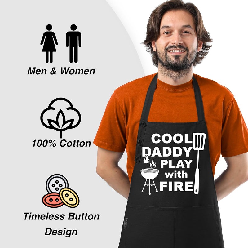 TOSHE Funny Apron Waterdrop Resistant Cotton Apron with adjustable Aprons for Women with Pockets 12 Color option Cooking (Black - Cool Daddy Play with Fire) - Image 5