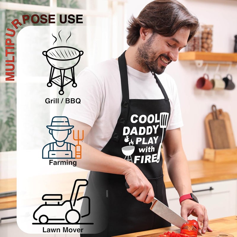 TOSHE Funny Apron Waterdrop Resistant Cotton Apron with adjustable Aprons for Women with Pockets 12 Color option Cooking (Black - Cool Daddy Play with Fire) - Image 3