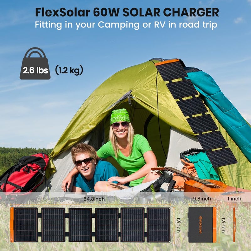FlexSolar 2PCS 60W Portable Solar Panels Chargers with PD3.0 USB-C,QC3.0 USB-A and DC Outputs Foldable IP67 Waterproof Power Emergency Camping for Small Power Station Generator,Phones, Power Banks - Image 5