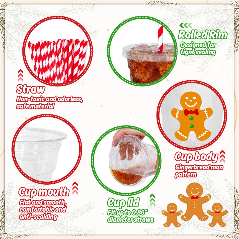 Whaline 50Pcs Christmas Disposable Plastic Cups with Lids and Straws 12oz Party Cups Gingerbread Man Cold Beverage Drinking Cups for Xmas Holiday Party Supplies - Image 3