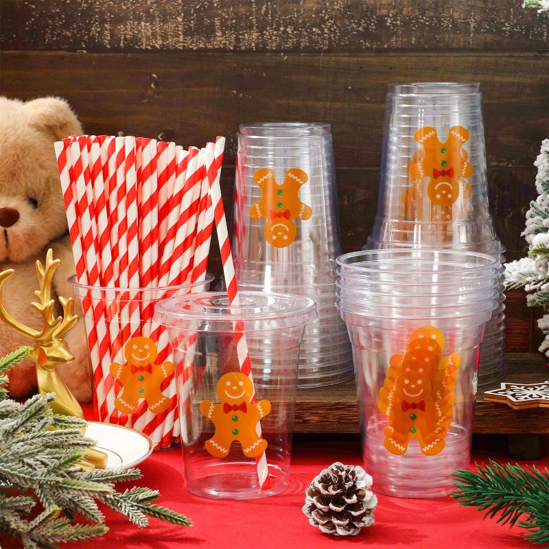 Whaline 50Pcs Christmas Disposable Plastic Cups with Lids and Straws 12oz Party Cups Gingerbread Man Cold Beverage Drinking Cups for Xmas Holiday Party Supplies - Image 4