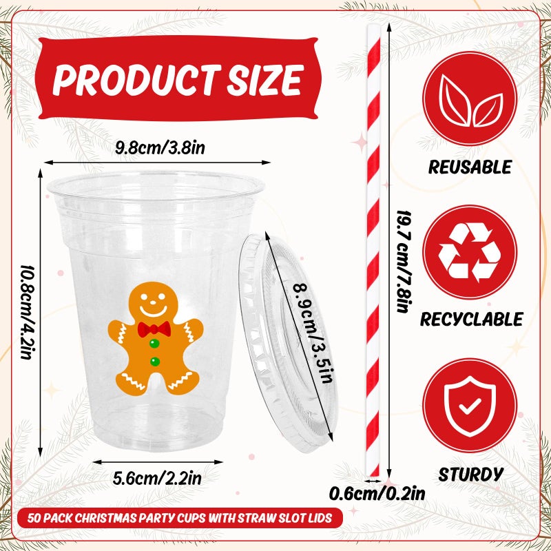 Whaline 50Pcs Christmas Disposable Plastic Cups with Lids and Straws 12oz Party Cups Gingerbread Man Cold Beverage Drinking Cups for Xmas Holiday Party Supplies - Image 2