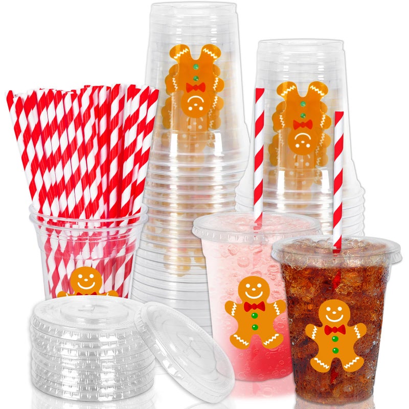 Whaline 50Pcs Christmas Disposable Plastic Cups with Lids and Straws 12oz Party Cups Gingerbread Man Cold Beverage Drinking Cups for Xmas Holiday Party Supplies - Image 1