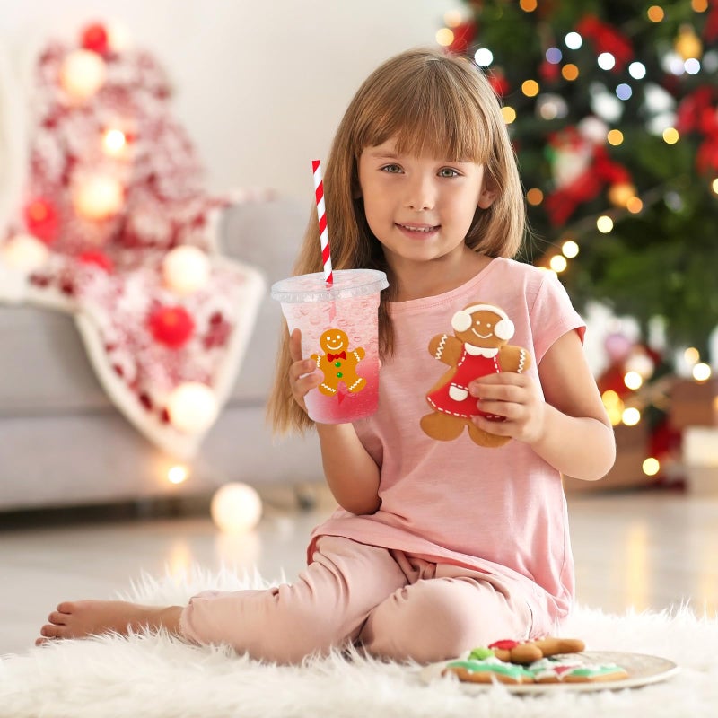 Whaline 50Pcs Christmas Disposable Plastic Cups with Lids and Straws 12oz Party Cups Gingerbread Man Cold Beverage Drinking Cups for Xmas Holiday Party Supplies - Image 5