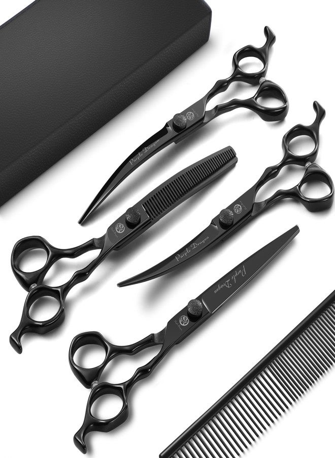 Purple Dragon Dog Grooming Scissors Set - Curved Thinning, Straight, Up & Down Curved Scissors and Comb, 7 Inch Black Shears with Adjustable Screw for Dogs and Cats - Image 1