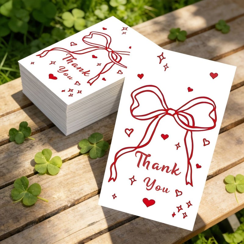 50 Pcs Exquisite Thank You Cards Red Bow Tiny Red Heart Star Shimmering Decorative Design For Festival Party Business Decoration - Image 2